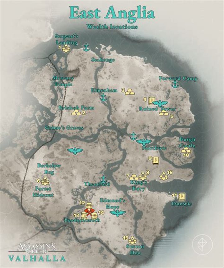 All Assassin’s Creed Valhalla East Anglia Wealth, Mysteries, and Artifacts locations map