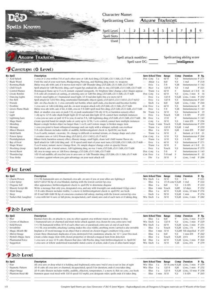 D&D 5E - Spell List for Easy reference