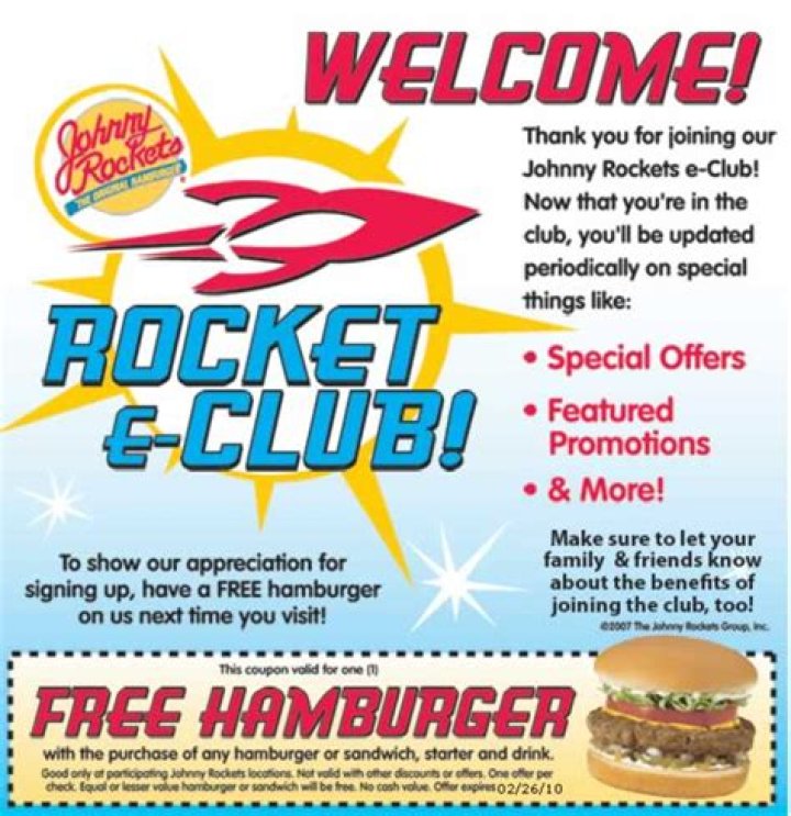 	Free hamburger from Johnny Rockets	