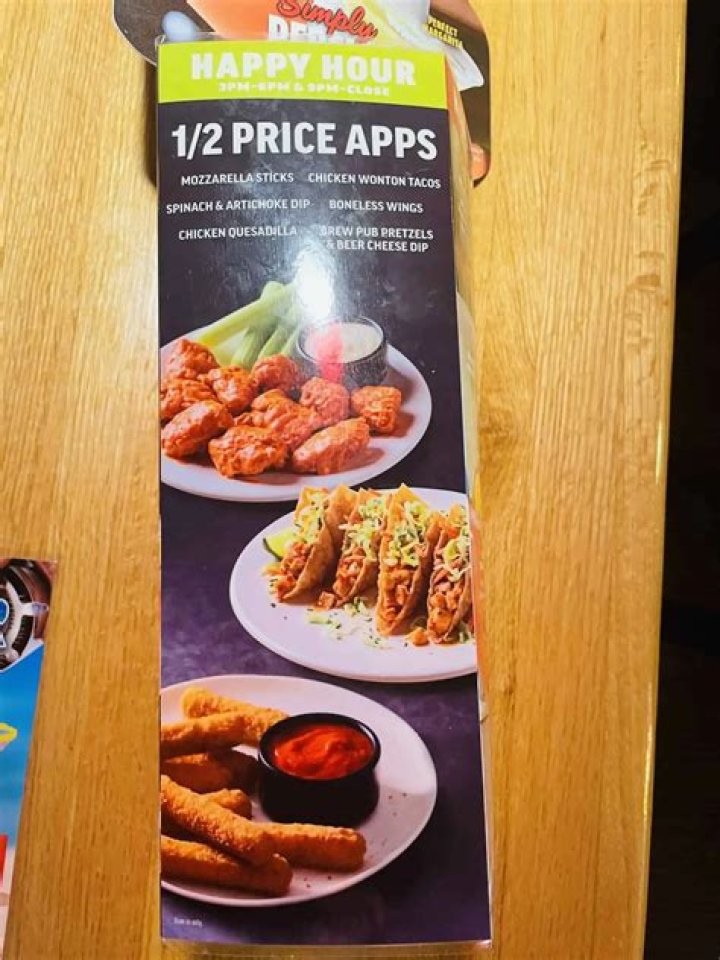 	Half-priced appetizers at Applebee’s for happy hour	