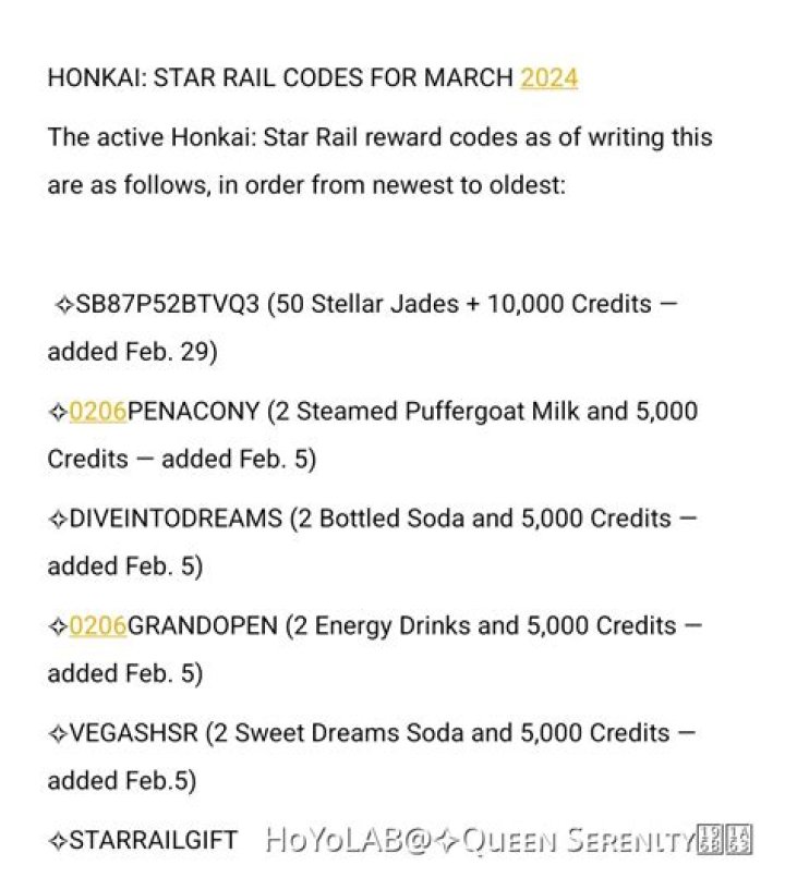 Honkai Star Rail codes for March 2024