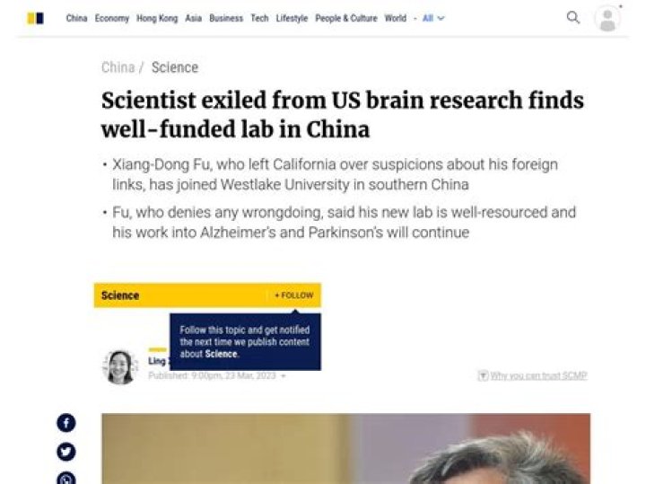 Scientist exiled from US brain research finds well-funded lab in China